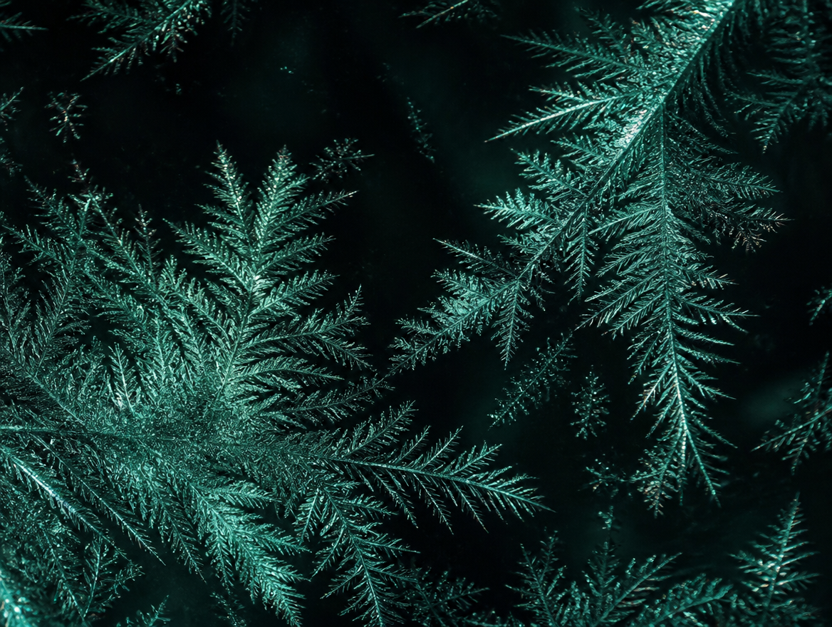 Macro photograph of frost crystals on dark glass lit with cold green light