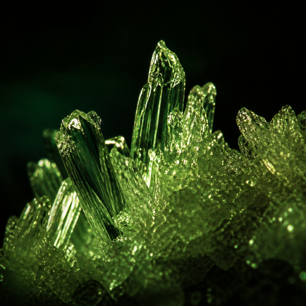 Macro photograph of green crystalline structures lit with lime light on a dark background
