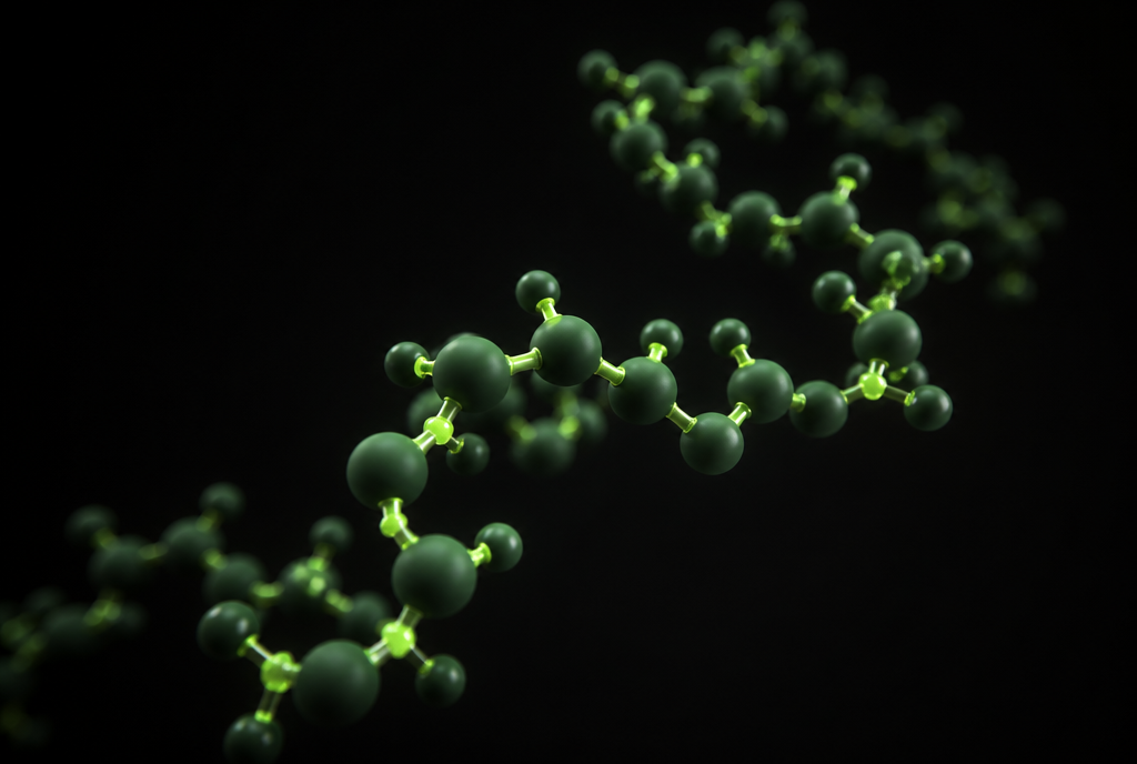 Abstract 3D render of a molecular chain of green spheres on a dark background