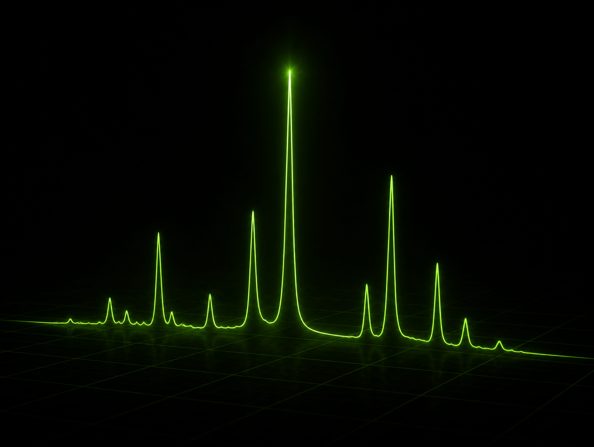 Abstract visualization of an analytical curve with sharp peaks glowing green on a black background